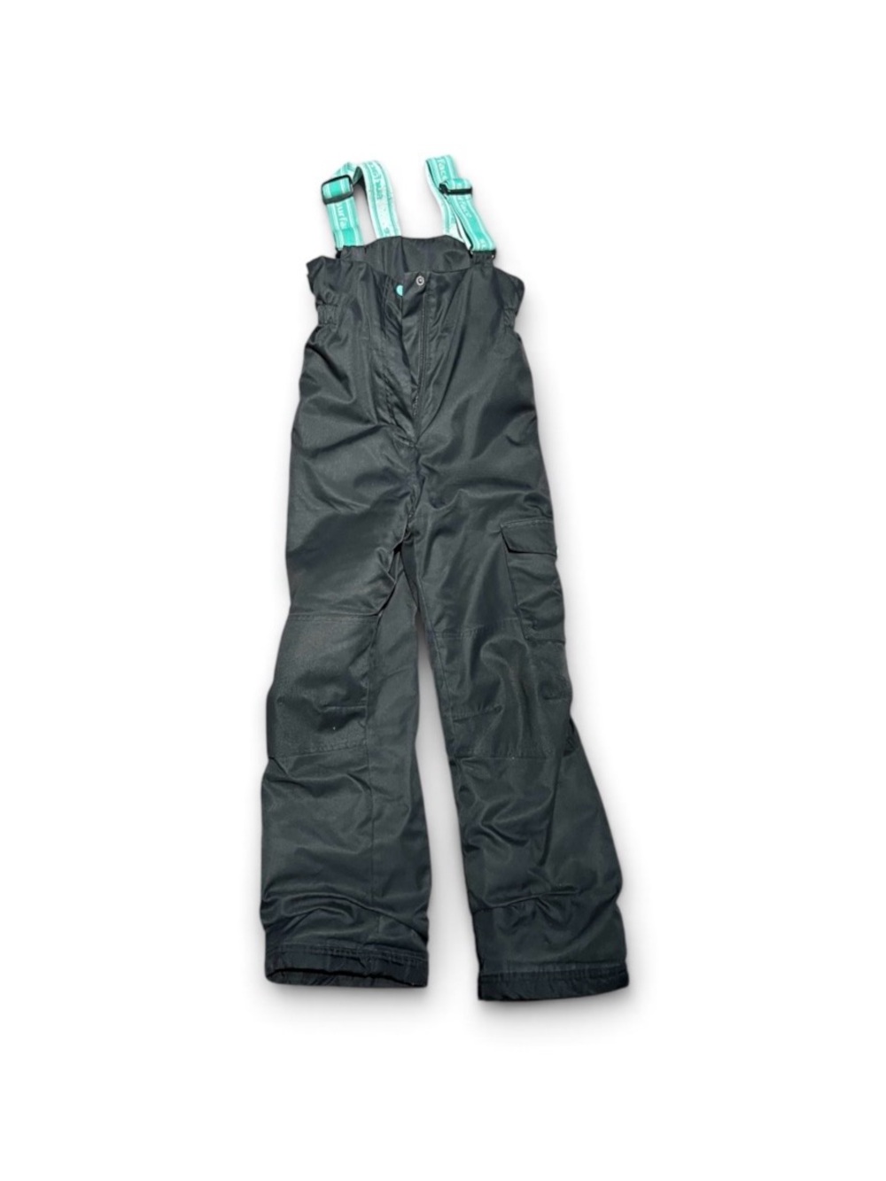 Kids Black Snow Bibs with Mint Green Adjustable Suspenders